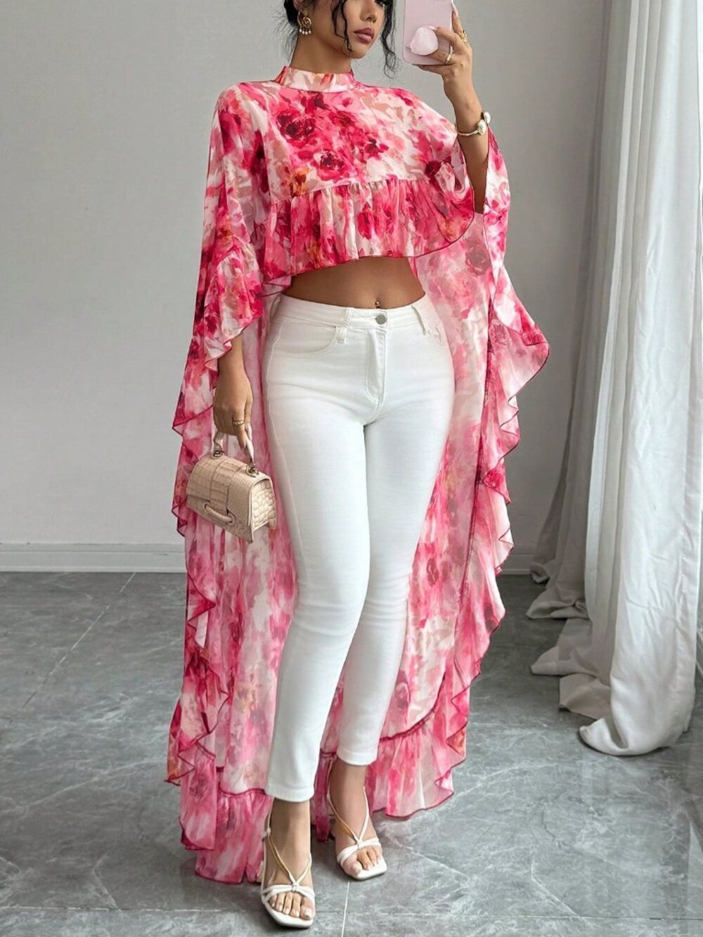 Pink Women's darin Collar Chiffon Floral Ruffle Trim hi-low Elegant Blouse - Picture 6 of 6